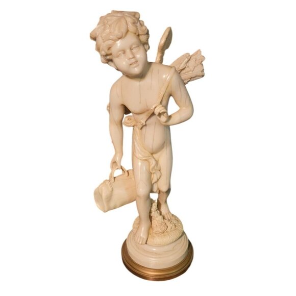 Antique Cupid Sculpture Resin Faux Ivory Resin 20" Tall Mid-Century Modern - Picture 1 of 15
